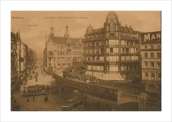 Hochbahn bei Roedlingsmarkt Moenkerdamm, Hamburg, Germany, postcard with text, view around ca 1910, historical, digital reproduction of a historical postcard, public domain, from that time, exact date unknown