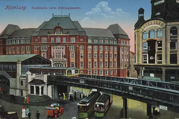 Hochbahn beim Roedlingsmarkt, Hamburg, Germany, postcard with text, view around ca 1910, historical, digital reproduction of a historical postcard, public domain, from that time, exact date unknown