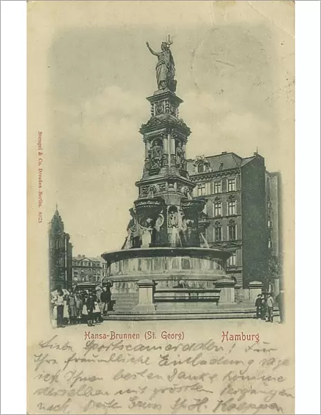 The Hansa Fountain, St. Georg, Hamburg, Germany, postcard with text, view circa 1910, historical, digital reproduction of a historical postcard, public domain, from that time, exact date unknown