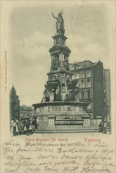 The Hansa Fountain, St. Georg, Hamburg, Germany, postcard with text, view circa 1910, historical, digital reproduction of a historical postcard, public domain, from that time, exact date unknown