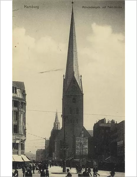 Moenkebergstrasse with Petrikirche, Hamburg, Germany, postcard with text, view around ca 1910, historical, digital reproduction of a historical postcard, public domain, from that time, exact date unknown