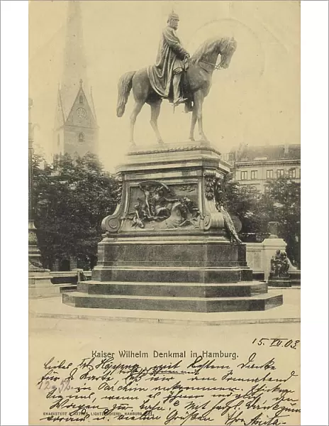 Kaiser-Wilhelm-Denkmal, Hamburg, Germany, postcard with text, view around ca 1910, historical, digital reproduction of a historical postcard, public domain, from that time, exact date unknown
