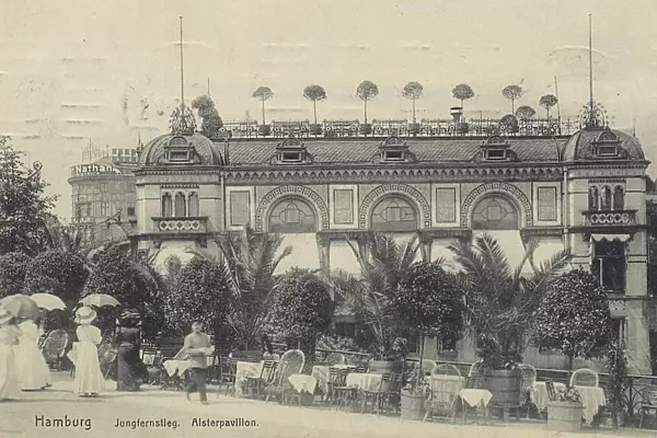 Greeting from the Jungfernstieg, Alsterpavillion, Hamburg, Germany, postcard with text, view around ca 1910, Historic, digital reproduction of a historic postcard, public domain, from that time, exact date unknown