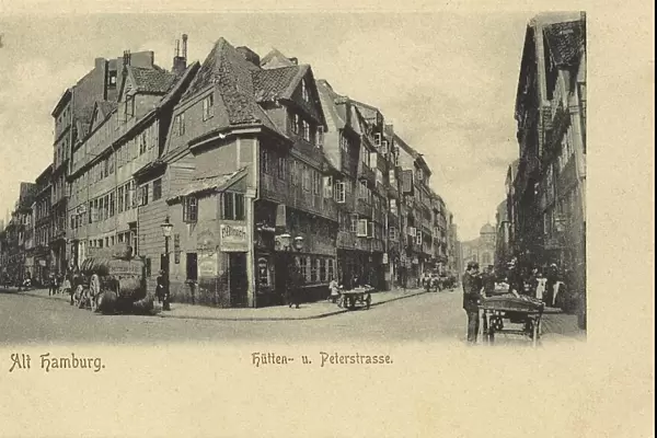 Huettenstrasse and Peterstrasse, Hamburg, Germany, postcard with text, view around ca 1910, historical, digital reproduction of a historical postcard, public domain, from that time, exact date unknown