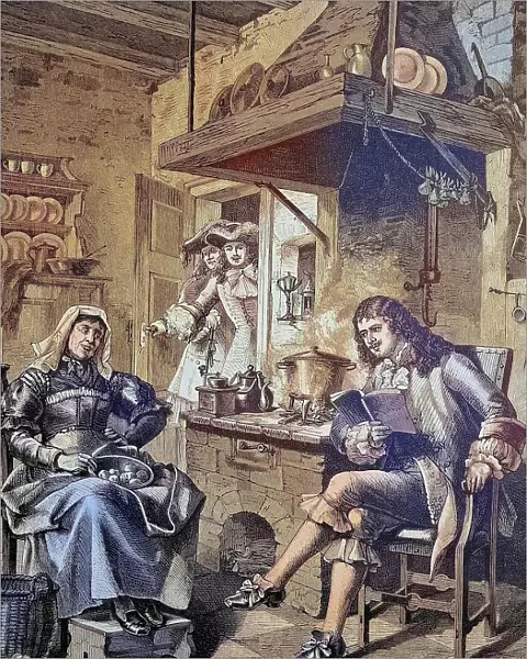 Moliere reading a just written comedy to his maid, Moliere, Jean-Baptiste Poquelin, 1622, 1673, France, Historical, digitally restored reproduction from a 19th century original