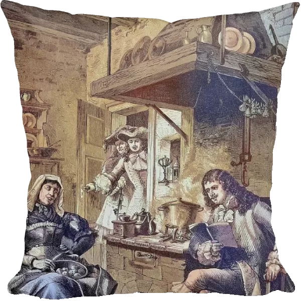 Moliere reading a just written comedy to his maid, Moliere, Jean-Baptiste Poquelin, 1622, 1673, France, Historical, digitally restored reproduction from a 19th century original