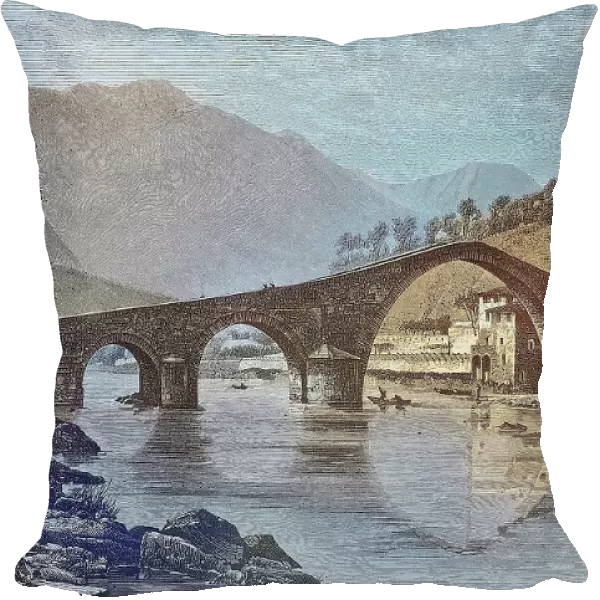The Bridge della Maddalena or del Diavolo, near Lucca, Italy, Historical, digitally restored reproduction from a 19th century original