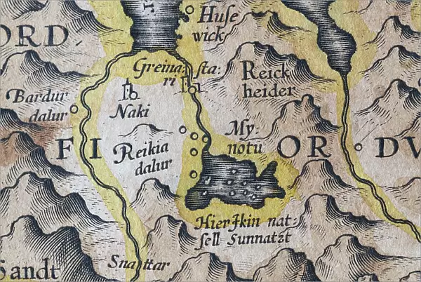 Myvatn or Myvatn, Iceland, hand-coloured Iceland copperplate engraving by Gerhard Mercator, 1595