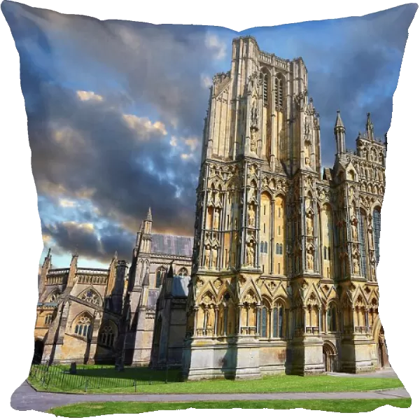 The facade of the medieval Wells Cathedral built in the Early English Gothic style in 1175, Wells, Somerset, England, United Kingdom