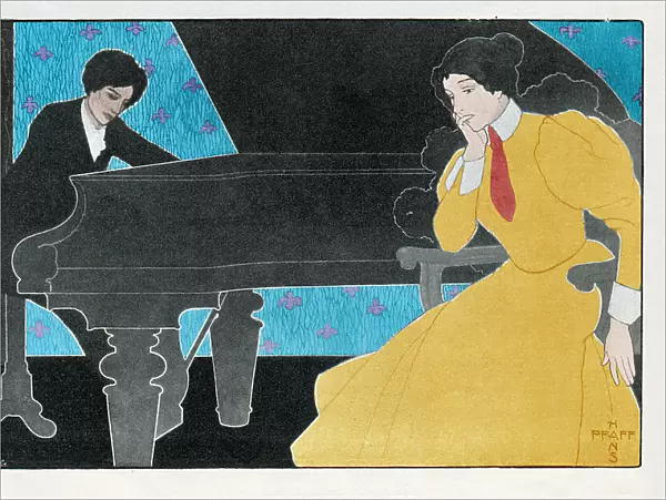 Woman playing a piano concert Art nouveau illustration 1898