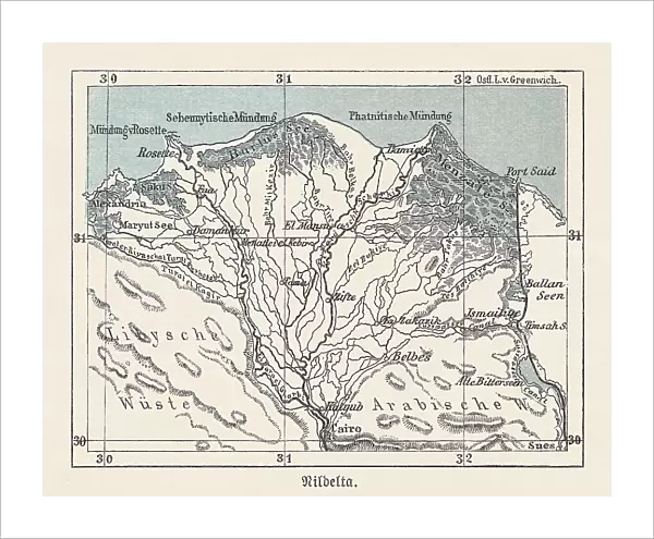 Historical map of the Nile Delta, Egypt, lithograph, published 1893