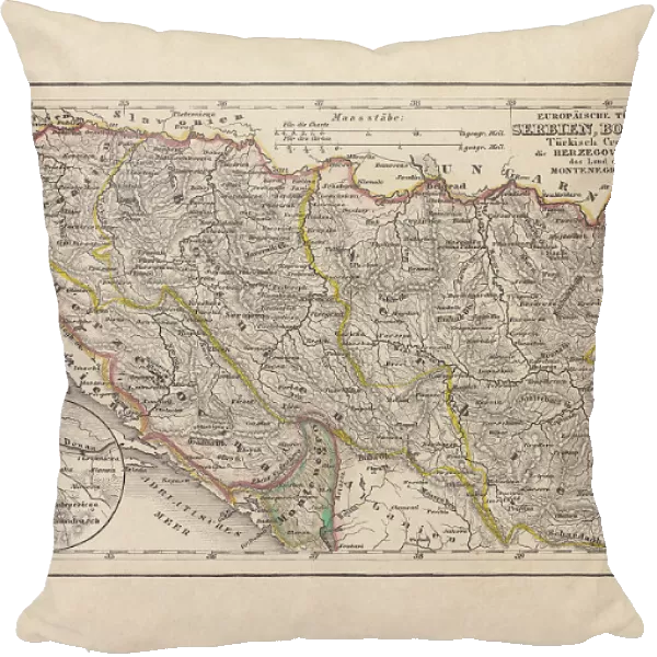 Old map of Serbia and Bosnia, steel engraving, published 1857