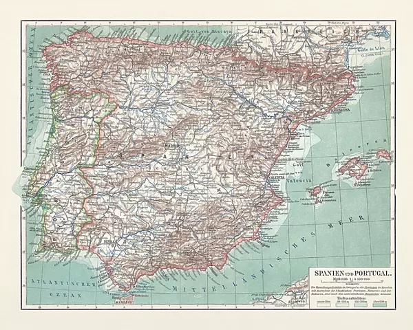 Topographic map of Spain and Portugal, lithograph, published in 1897