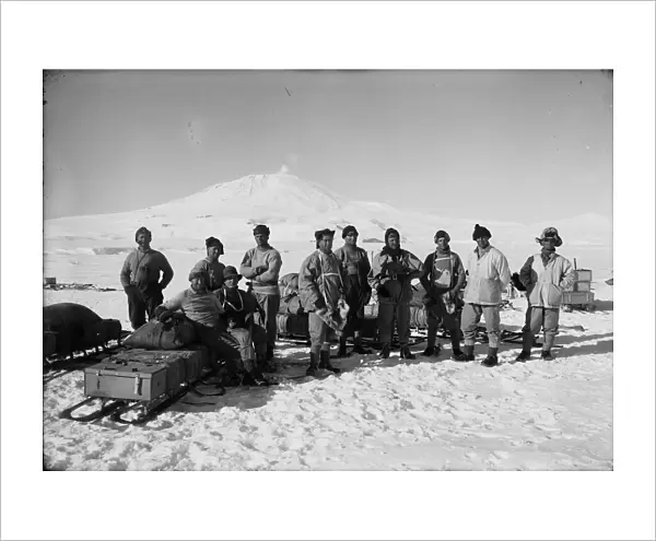 Capt Scott and the Southern Party. Mount Erebus in background. January 26th 1911