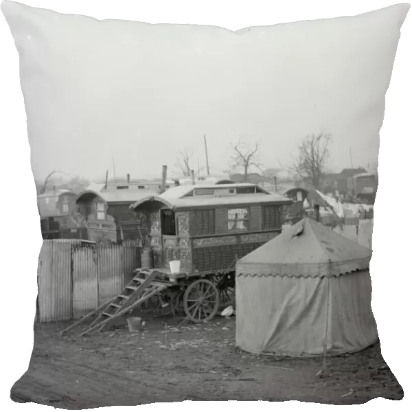 Gypsy caravans and tents on Belvedere Marshes, Kent