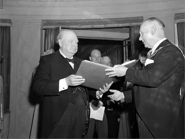 Mr Winston Churchill seen receiving the Freedom of Eastbourne, Sussex from Councillor Randolph E