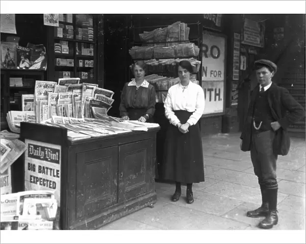 Newsagent stand at Truro railway station, Cornwall. 1915