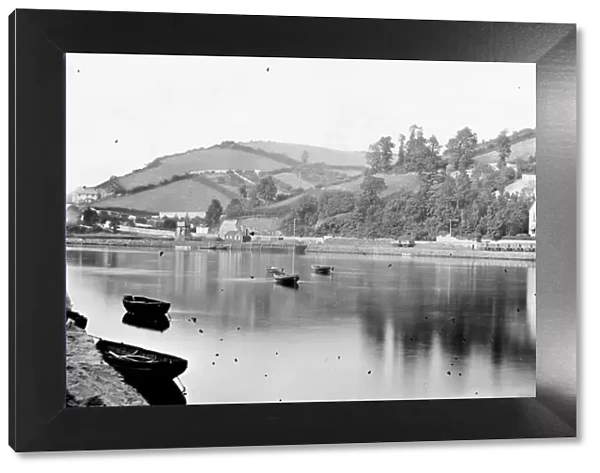 View from Looe Bridge across the river estuary, showing part of the Liskeard to Looe branch railway line on the opposite bank. Around 1880s