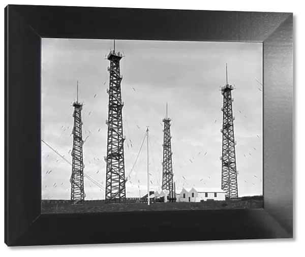 The four wooden Marconi wireless towers at Poldhu, Mullion, Cornwall. 10th June 1908