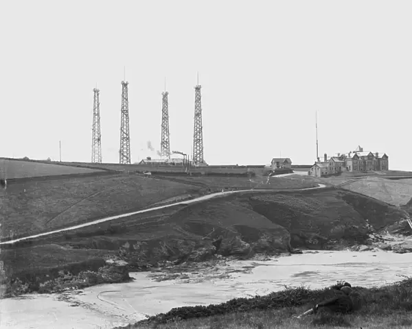 The four wooden Marconi wireless towers at Poldhu, Mullion, Cornwall. Before 1912