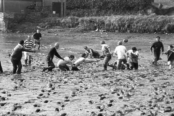 Rugby in the Mud, Lerryn, St Veep, Cornwall. March 1993
