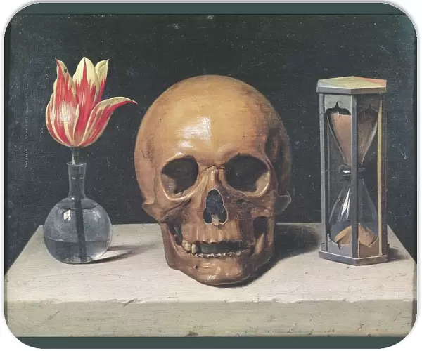 Vanitas Still Life with a Tulip, Skull and Hour-Glass (oil on panel)