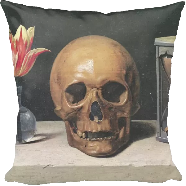 Vanitas Still Life with a Tulip, Skull and Hour-Glass (oil on panel)