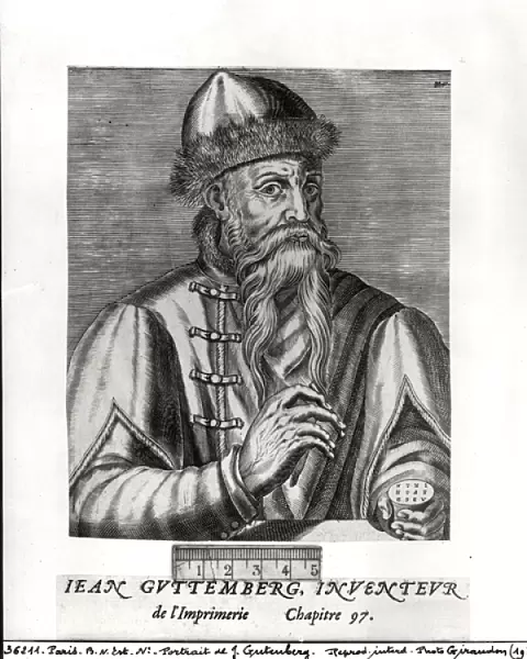 Portrait of Johannes Gutenberg (c. 1400-68) (engraving) (b  /  w photo)