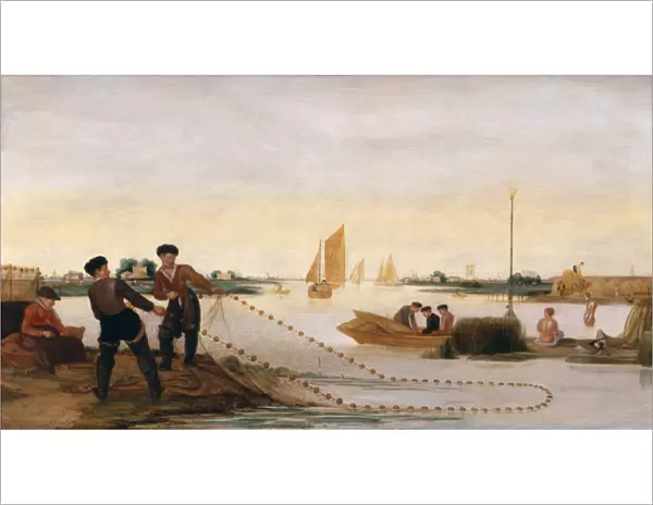 Two Fishermen Pulling in their Nets (oil on panel)