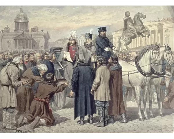 Emperor Alexander II proclaiming the Emancipation Reform of 1861, 1880 (colour litho)