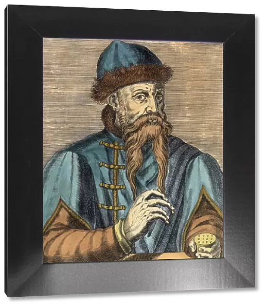 Portrait of Johannes Gutenberg (c. 1400-68) (engraving) (later colouration)