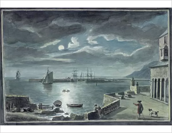 The Harbour and the Cobb, Lyme Regis, Dorset, by Moonlight (w  /  c on paper)