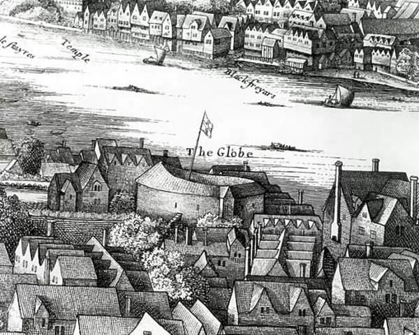 The First Globe Theatre or Rose Theatre (engraving) (b  /  w photo)