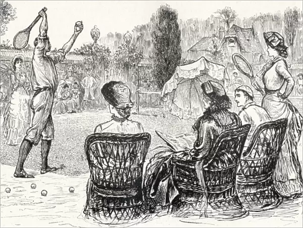 Lawn Tennis in 1883, engraved from the original drawing in Punch Magazine, from The