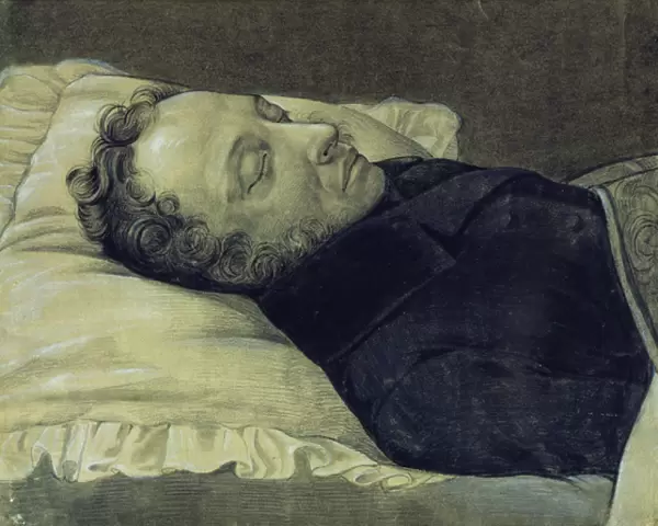 Portrait of Alexander Pushkin on his deathbed, 1837 (pencil, gouache and ink on paper)