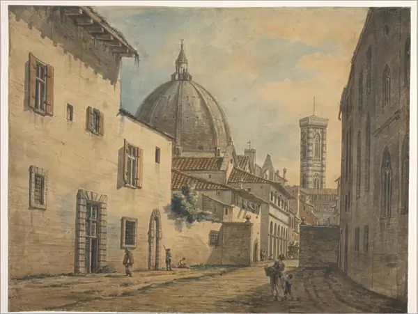 A Street in Florence with the Duomo and Campanile in the Background (w  /  c with pen