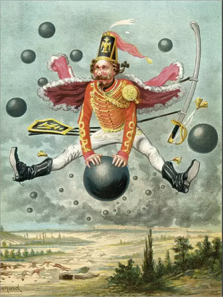 Baron Munchausen riding a cannonball during the fight with Tippoo, from The