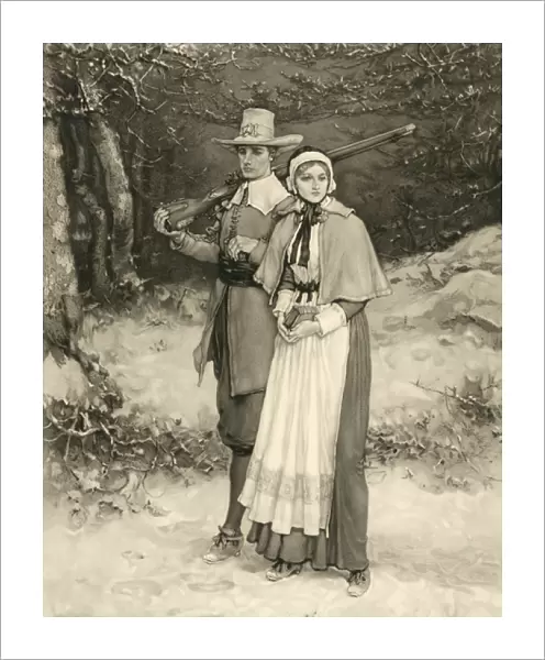 Puritan couple on their way to Sunday worship, engraved by Thomas Gold Appleton, 1885