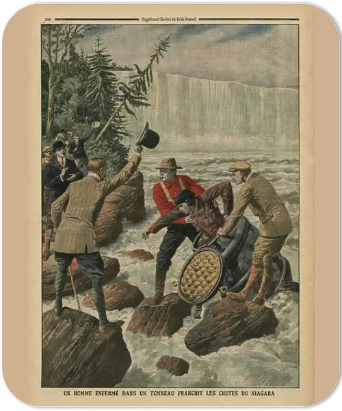 A man in a barrel crossing the Niagara Falls, illustration from Le Petit Journal