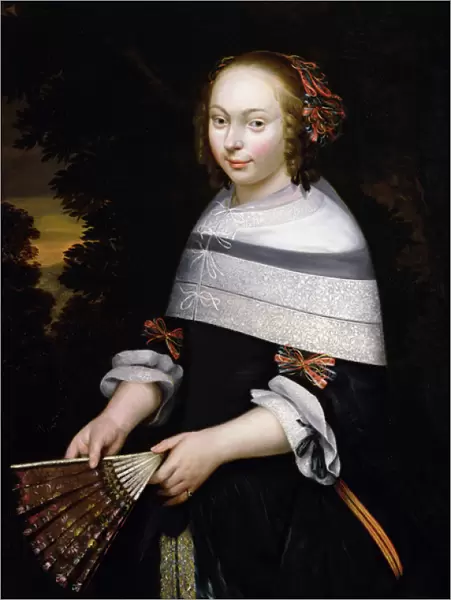 A portrait of a young girl holding a fan, a landscape beyond, c. 1650 (oil on canvas)