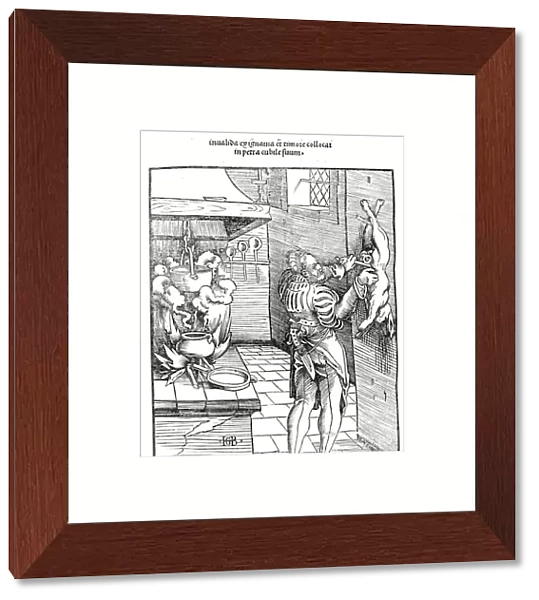 View of a sixteenth century kitchen with cook gutting a rabbit (woodcut)