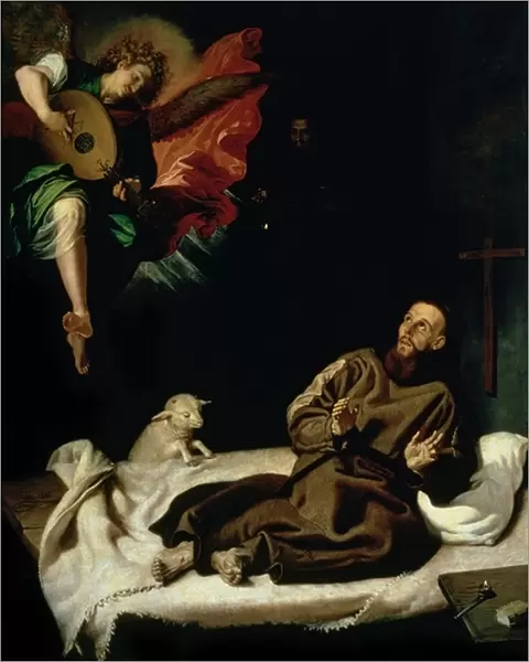 St. Francis comforted by an Angel Musician (oil on canvas)