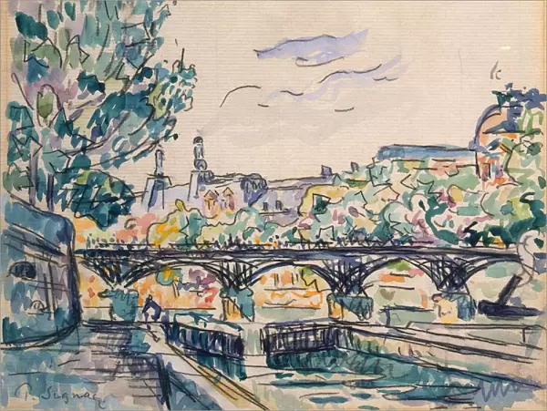 Bank of the Seine near the Pont des Arts, with a view of the Louvre (pen & ink with w  /  c