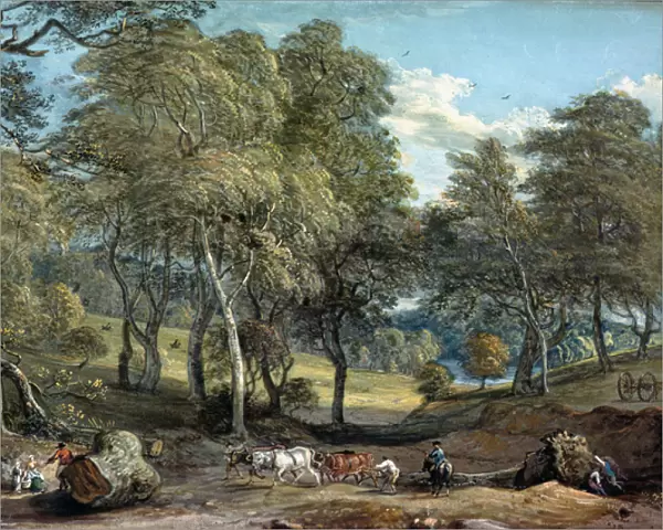 Windsor Forest with Oxen Drawing Timber, 1798 (gouache on paper)
