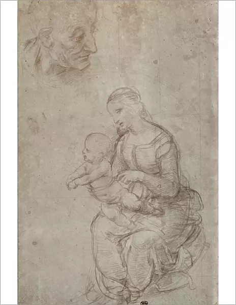 Madonna and child and head of an old man (metal point on prepared pale pink paper)