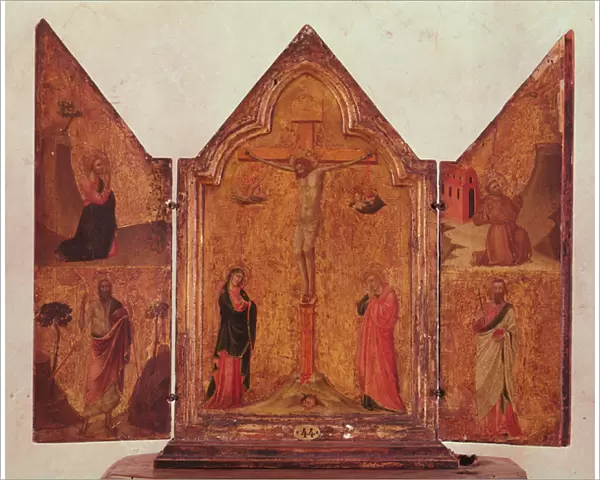 Crucifixion and four saints (oil on panel)
