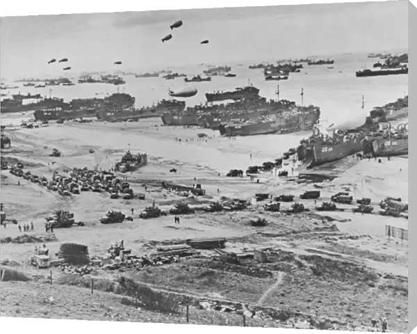 Bird s-eye view of landing craft, barrage balloons, and allied troops landing in Normandy