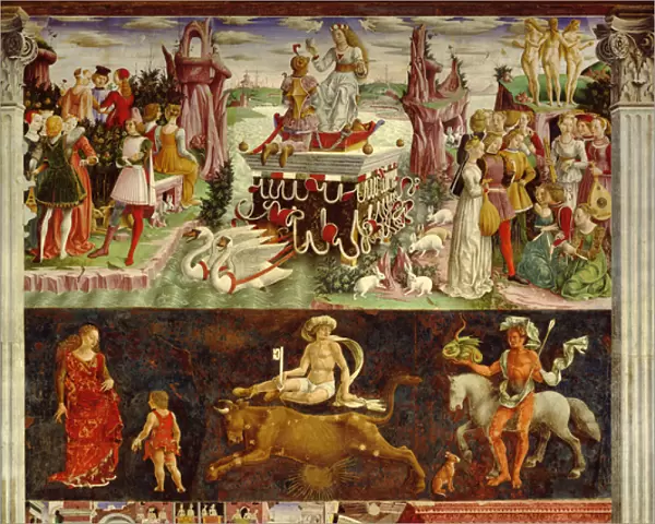 Triumph of Venus and Sign of Taurus, scenes from Month of April, ca 1470, by Francesco del Cossa