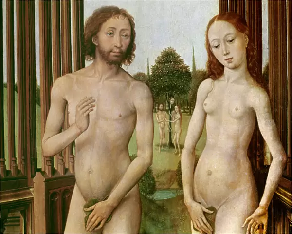 Triptych of the Redemption, left panel: Adam and Eve chased out of Paradise, 1455-59