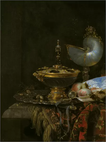 Magnificent Still Life with Holbein Bowl, Nautilus and glass cup and fruit bowl, 1678